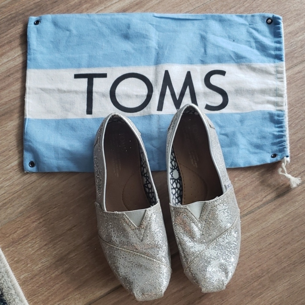 Silver Glitter Toms Size 8